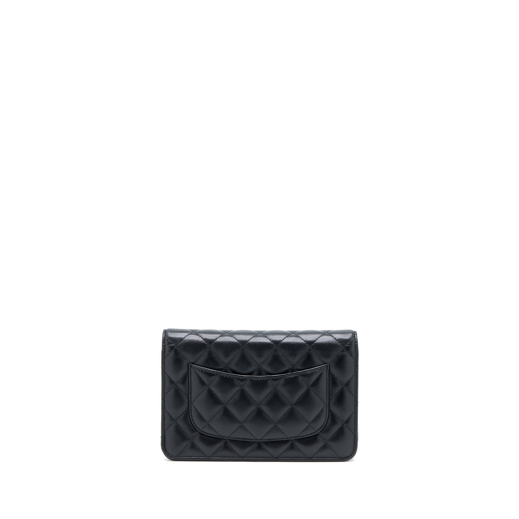 Chanel Quilted Wallet on Chain with Camellia Chain Lambskin Black L