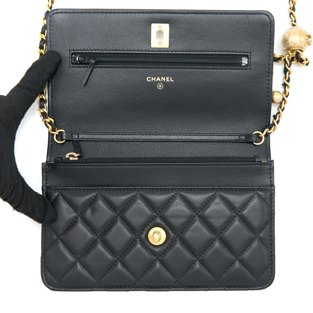 Chanel Pearl Crush Wallet On Chain Lambskin Black Brushed  (Microchip)