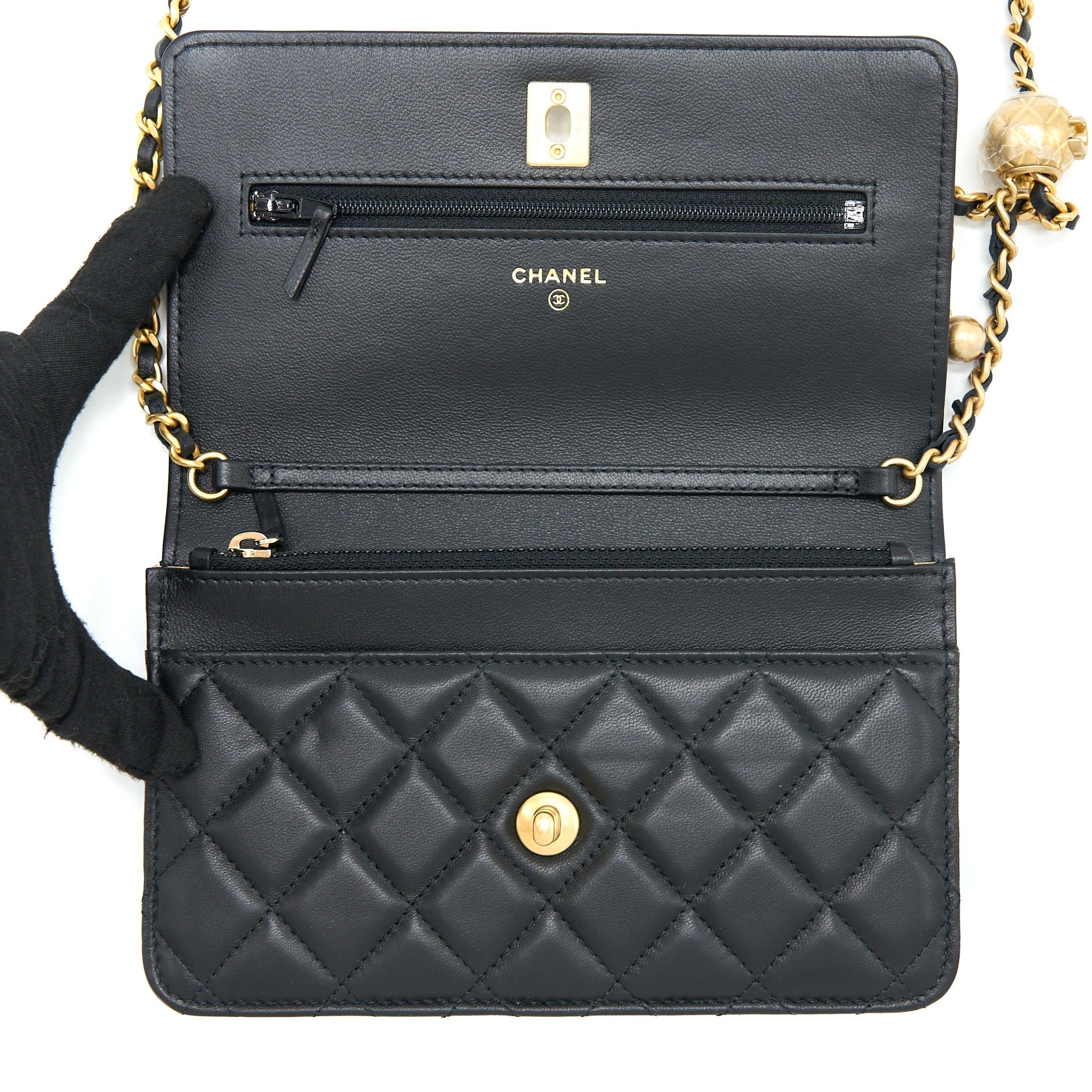 Chanel Pearl Crush Wallet On Chain Lambskin Black Brushed  (Microchip)