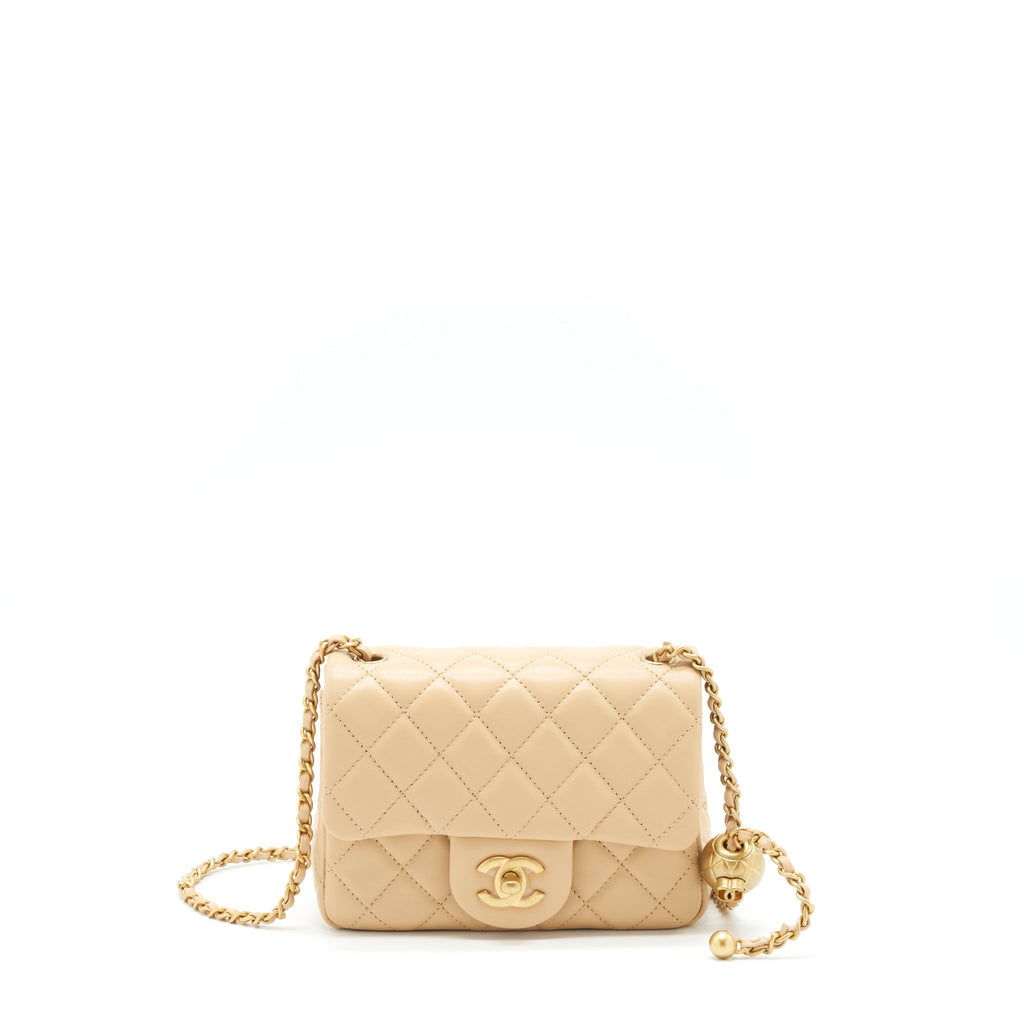 Chanel 22C Pearl Crush Mini Square Flap Bag Lambskin Beige