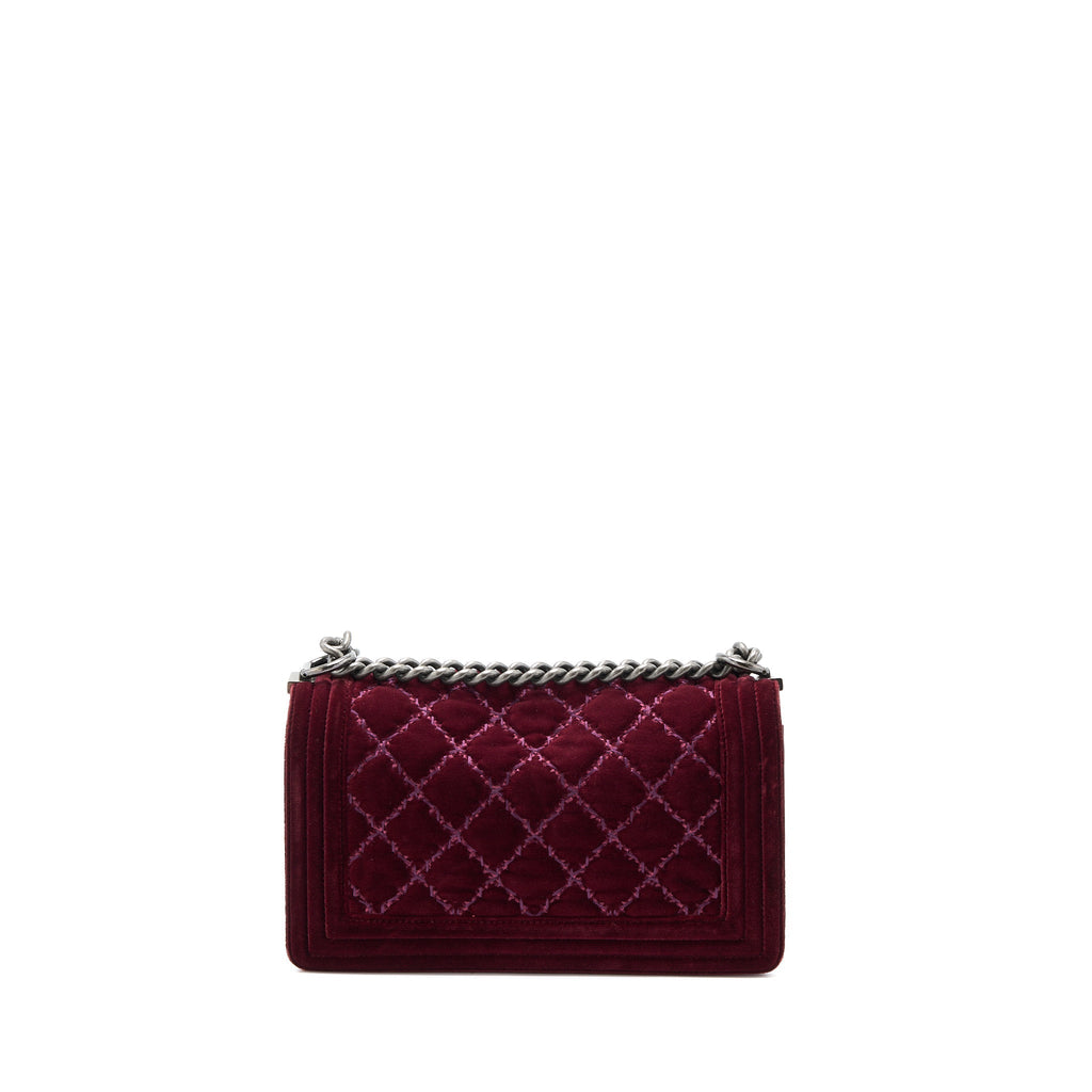 Chanel Medium Boy Bag Velvet Dark Red Ruthenium
