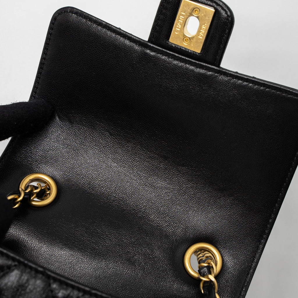 Chanel 22K Retro New Classic Square Mini Flap Bag Goatskin Black Brushed  (Microchip)