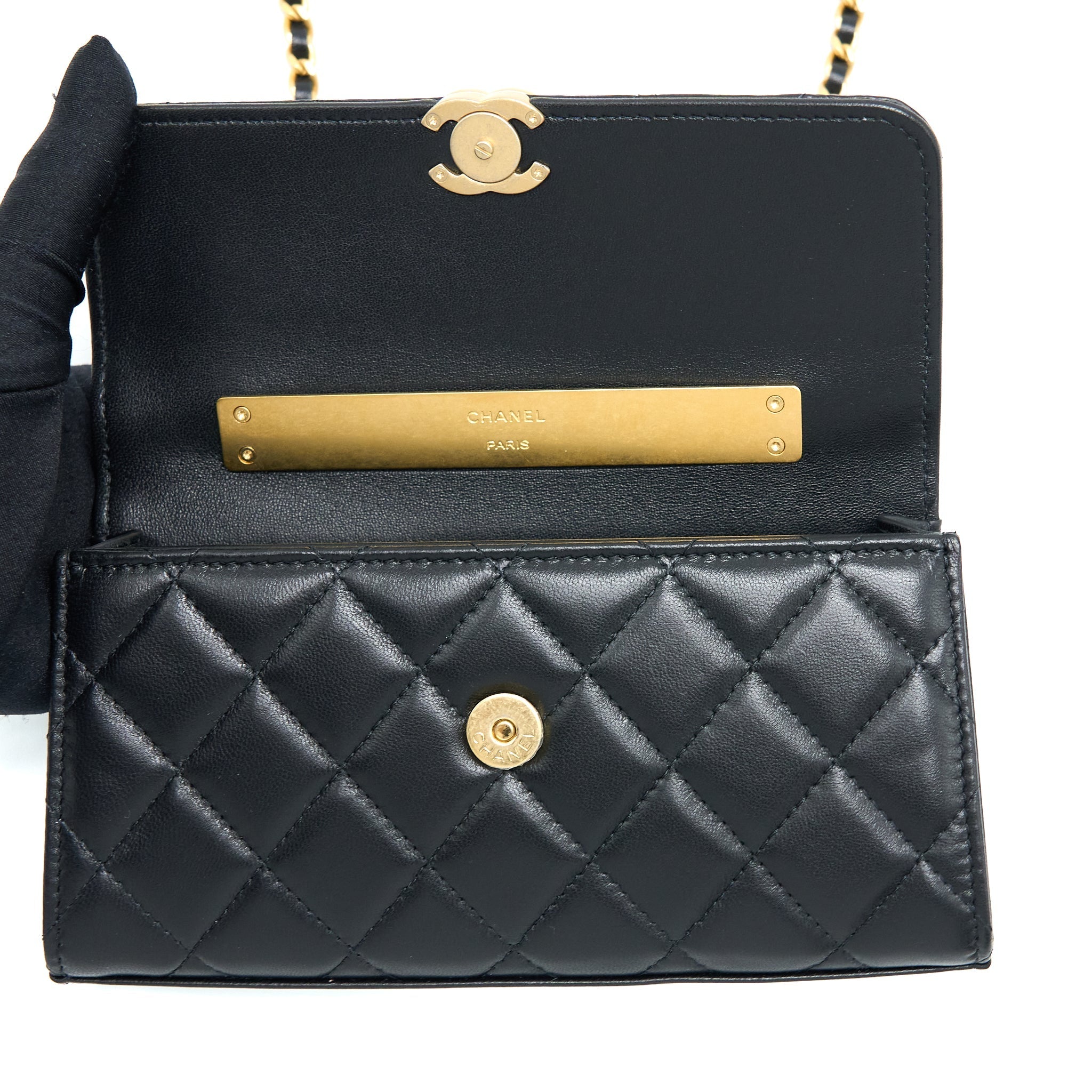 Chanel 22B Flap Bag Enamel/CC Logo Top Handle Lambskin Black Brushed