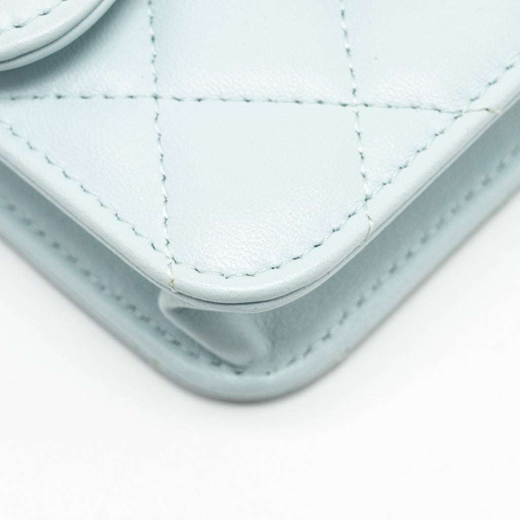 Chanel Top Handle Mini Flap Bag with Chain Lambskin Light Blue L