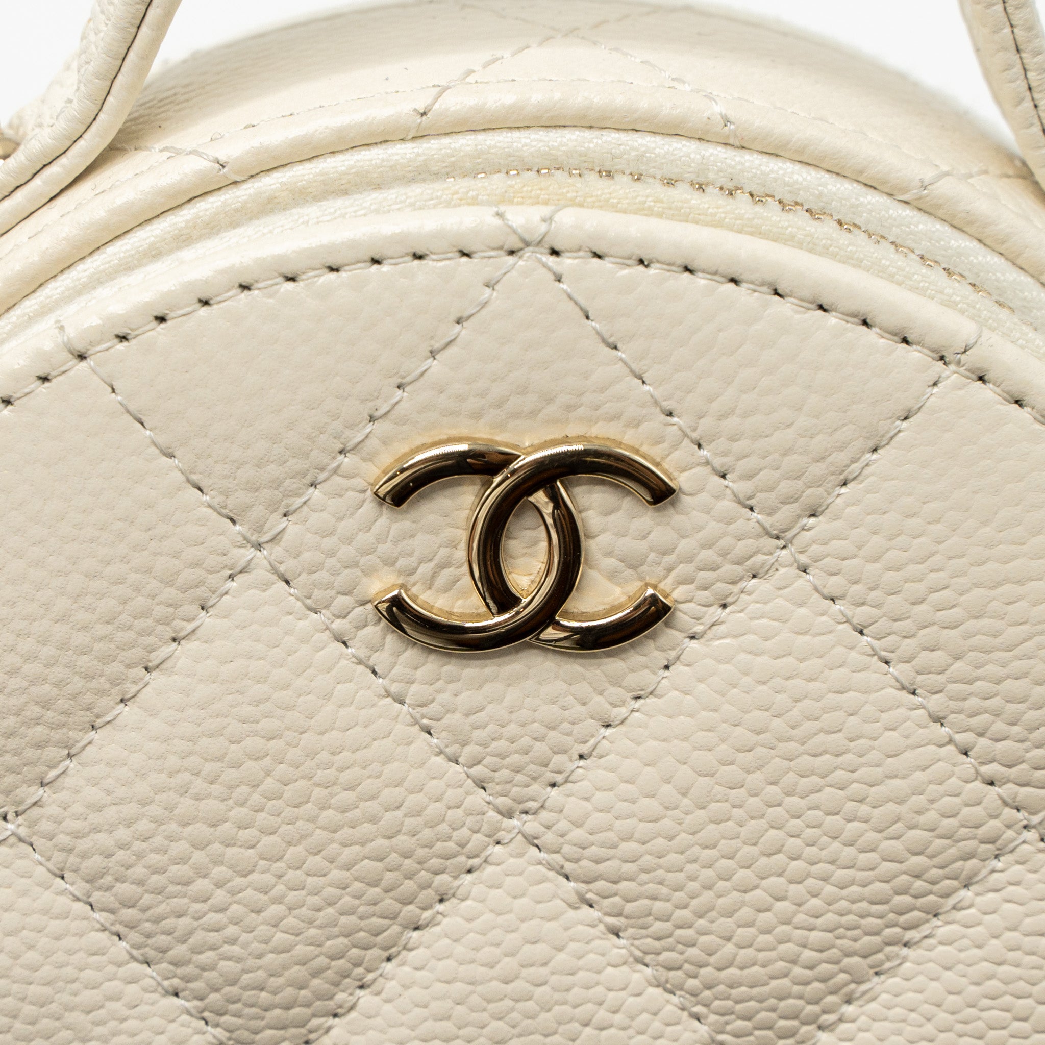 Chanel Top Handle Mini Round Vanity with Chain Caviar White L