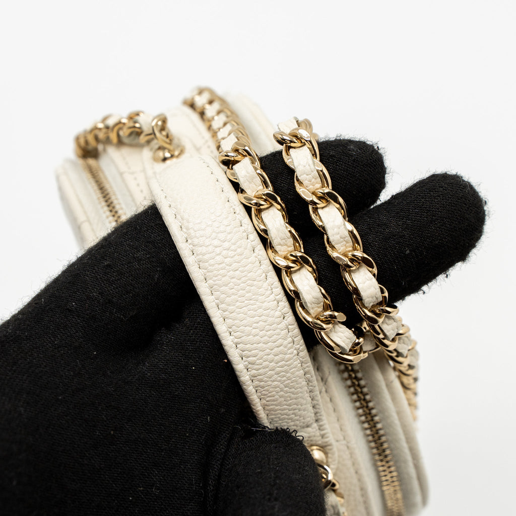 Chanel Top Handle Mini Round Vanity with Chain Caviar White L