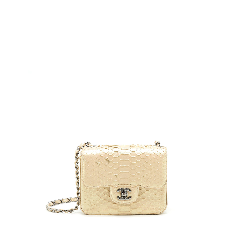 Chanel Mini Square Flap Bag Python Iridescent Light Beige