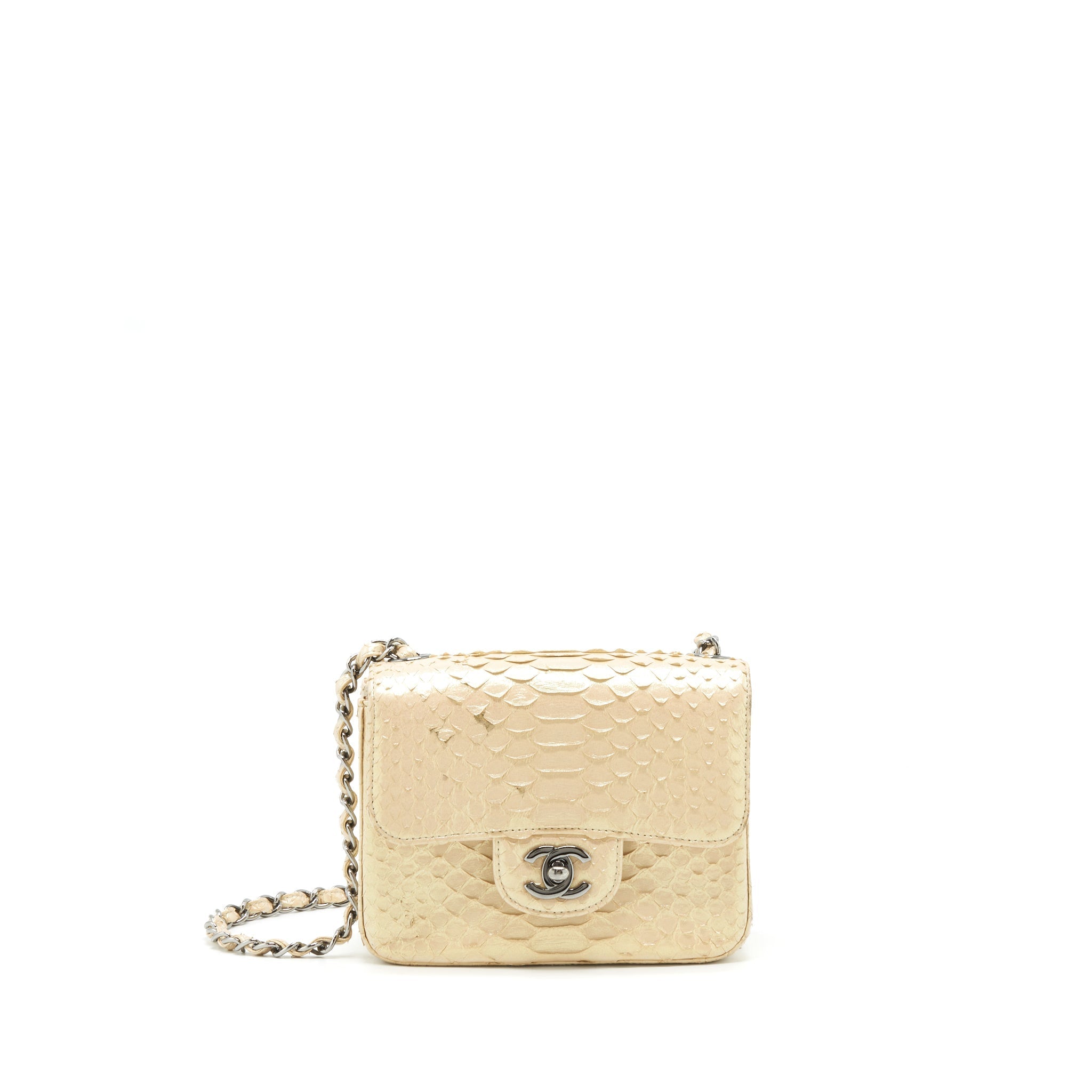 Chanel Mini Square Flap Bag Python Iridescent Light Beige