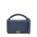 Chanel Boy Bag With Top Handle Navy Ruthenium Sliver Hardware