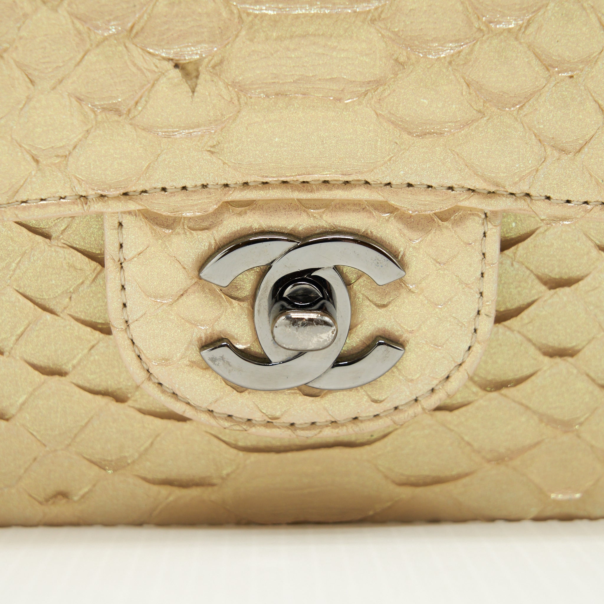 Chanel Mini Square Flap Bag Python Iridescent Light Beige