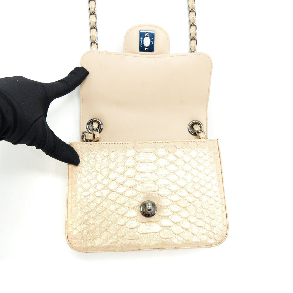 Chanel Mini Square Flap Bag Python Iridescent Light Beige