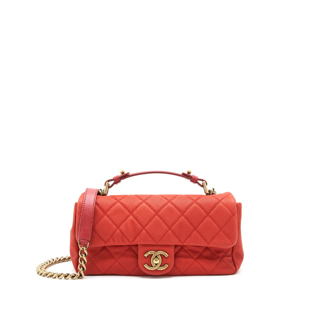 Chanel top handle rectangular flap bag grained calfskin red