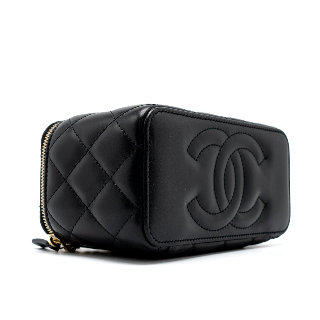 Chanel 22K Gold Pillar Adjustable Chain Long Vanity Lambskin Black Brushed (Microchip)