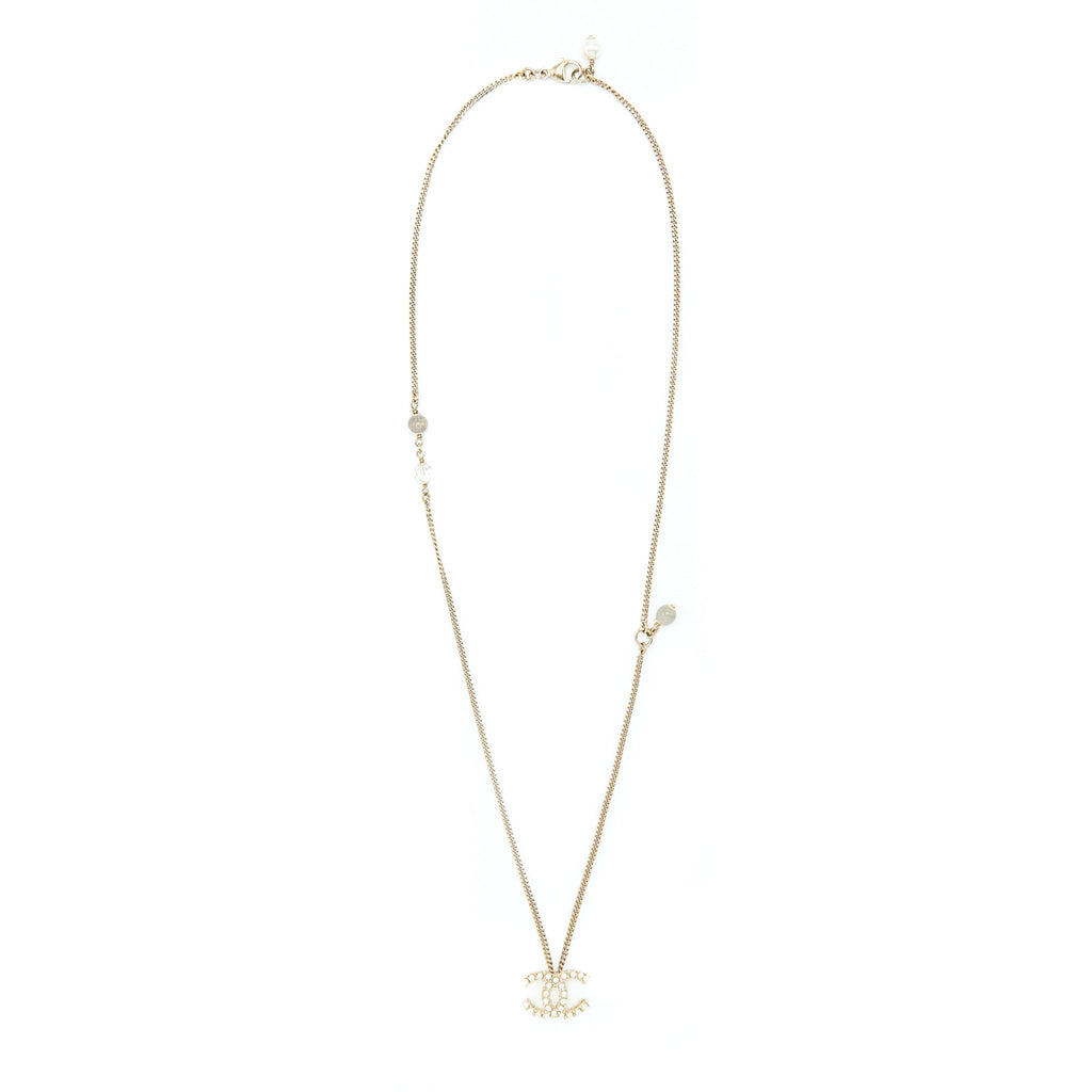 Chanel Pearl CC Logo Necklace Gold Tone