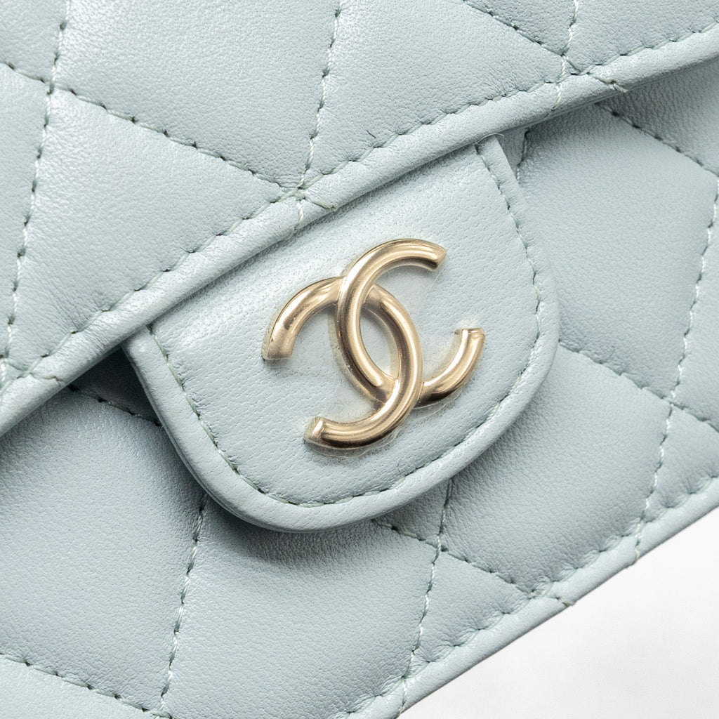 Chanel Top Handle Mini Flap Bag with Chain Lambskin Light Blue L