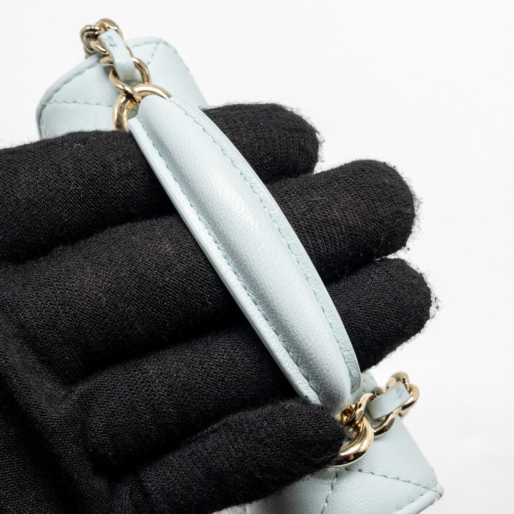 Chanel Top Handle Mini Flap Bag with Chain Lambskin Light Blue L