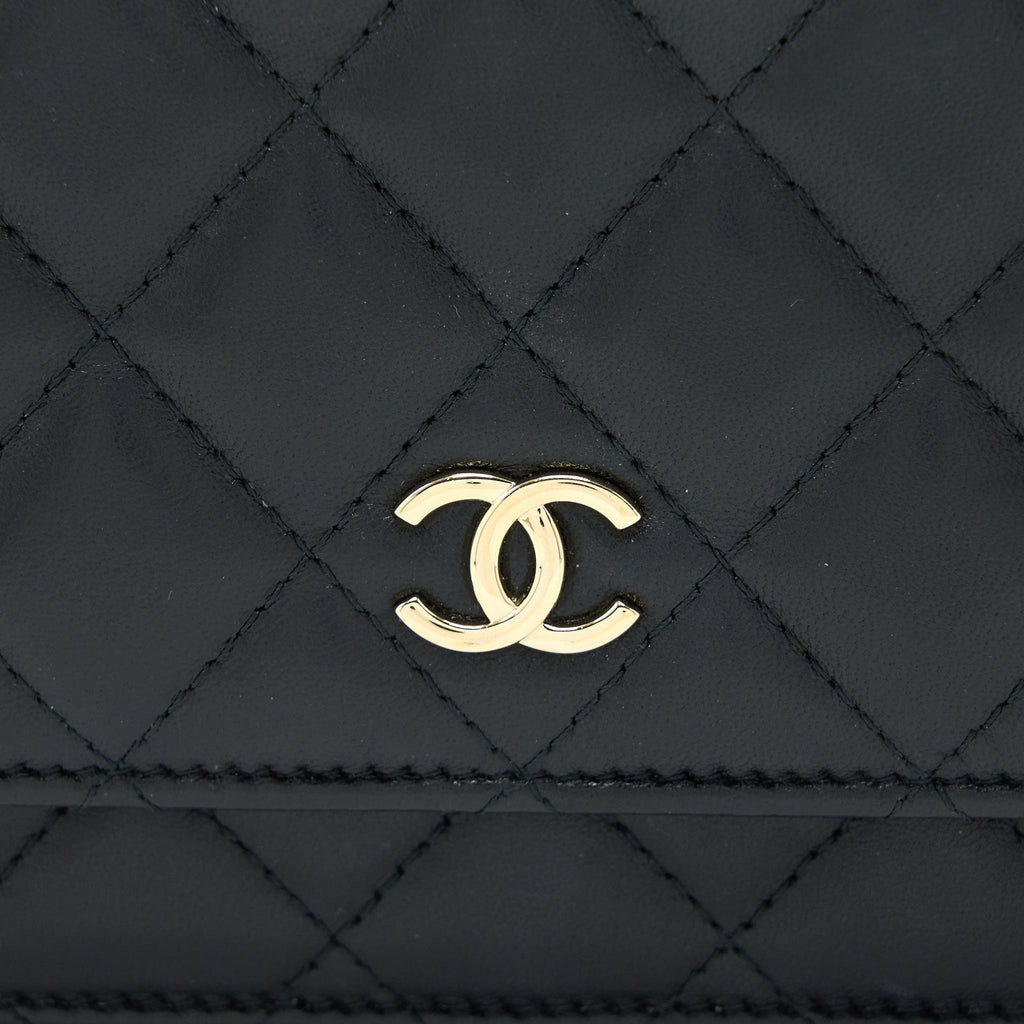 Chanel Quilted Wallet on Chain with Camellia Chain Lambskin Black L