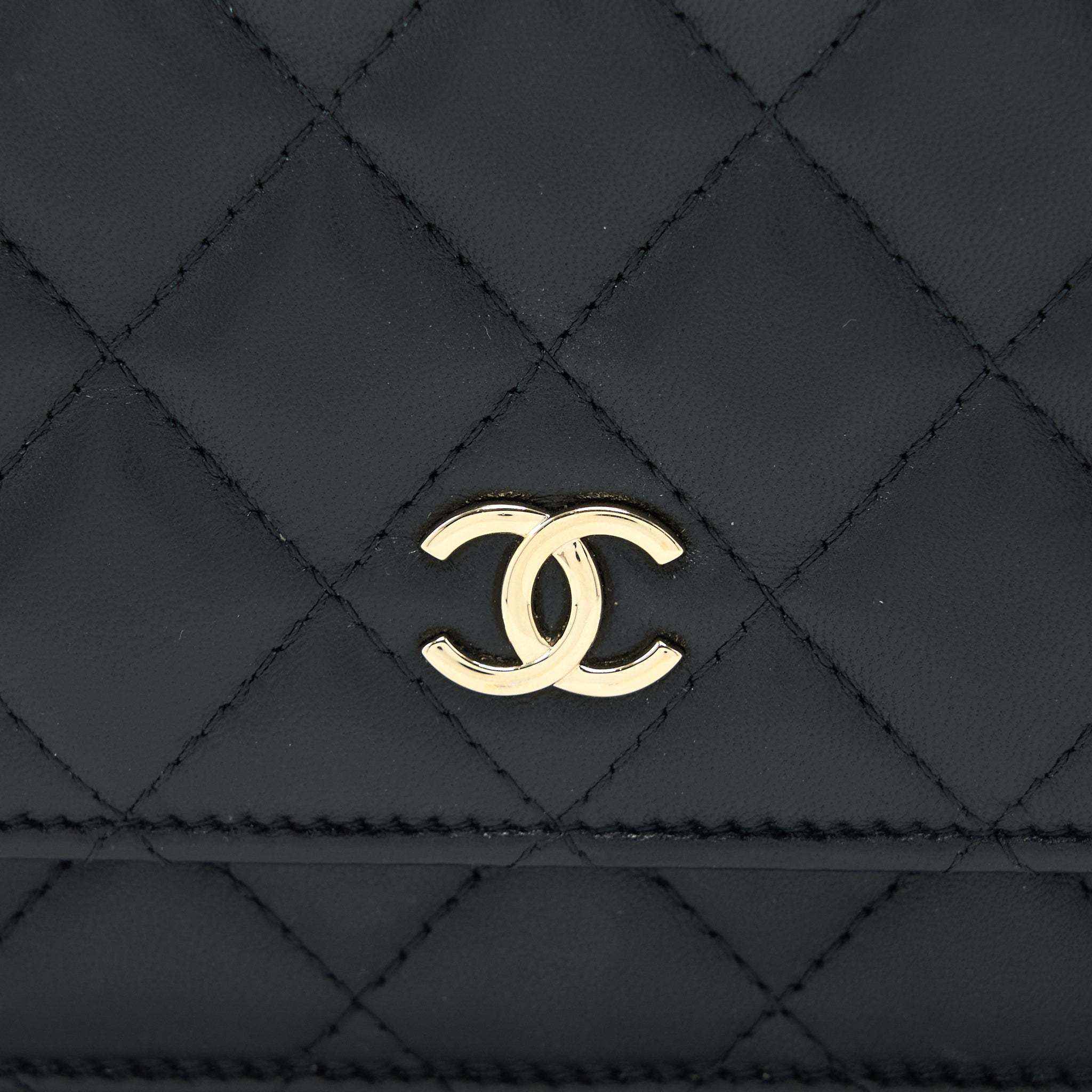 Chanel Quilted Wallet on Chain with Camellia Chain Lambskin Black L