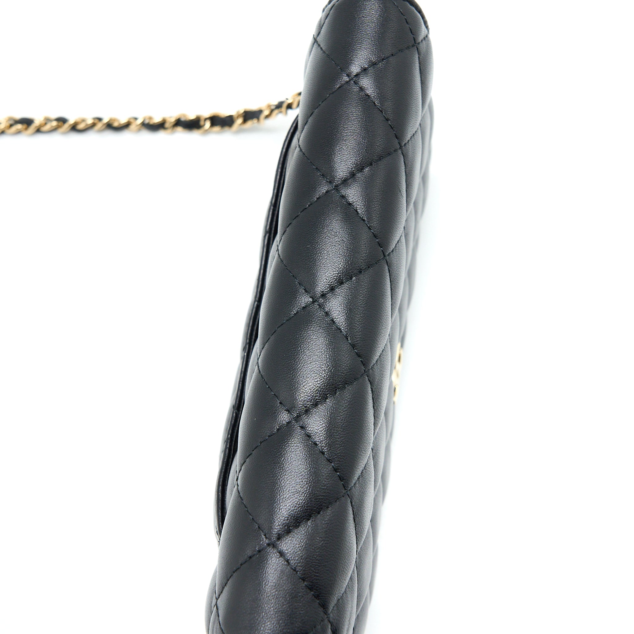 Chanel Quilted Wallet on Chain with Camellia Chain Lambskin Black L