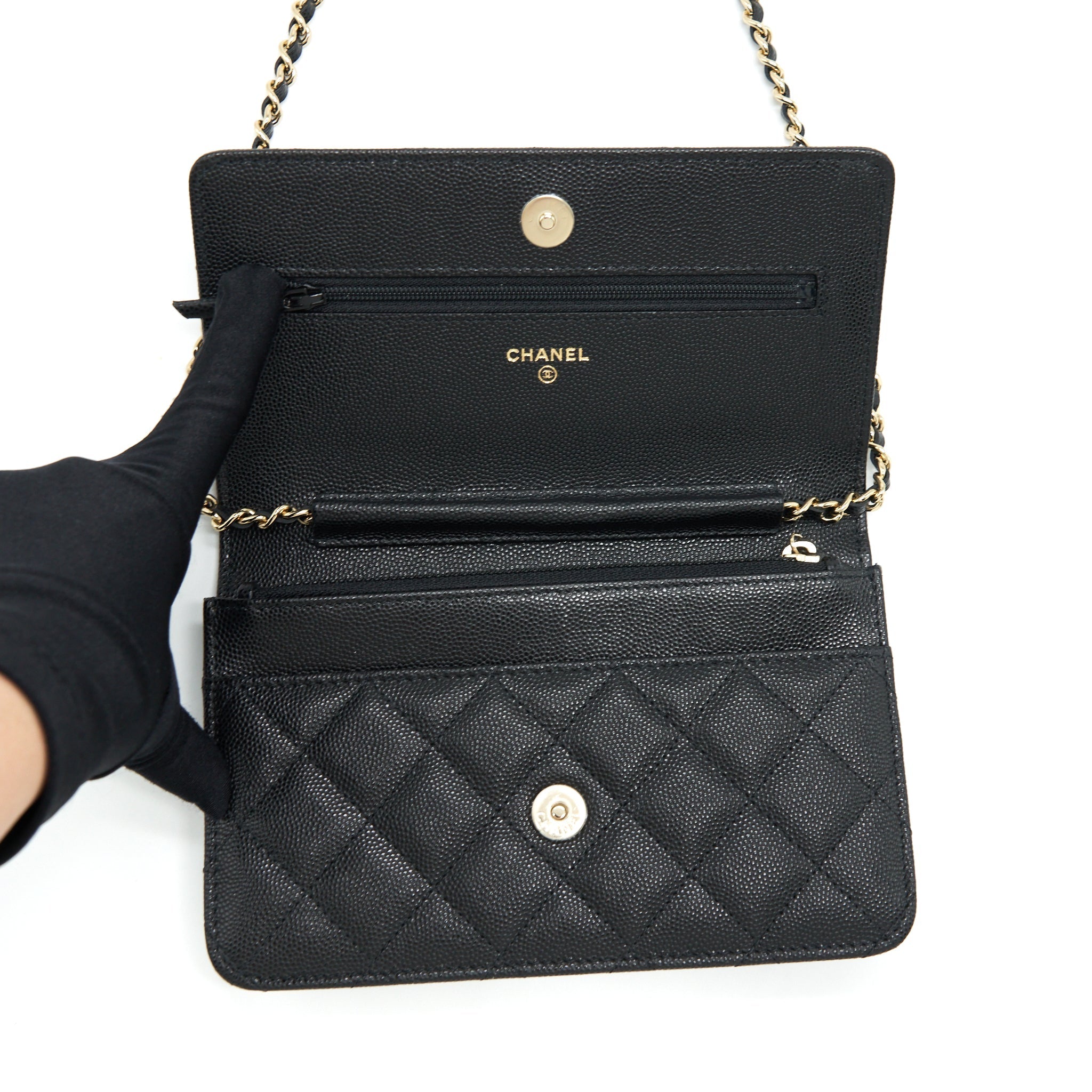 Chanel 22S Detailed Logo Wallet On Chain Caviar Black L
