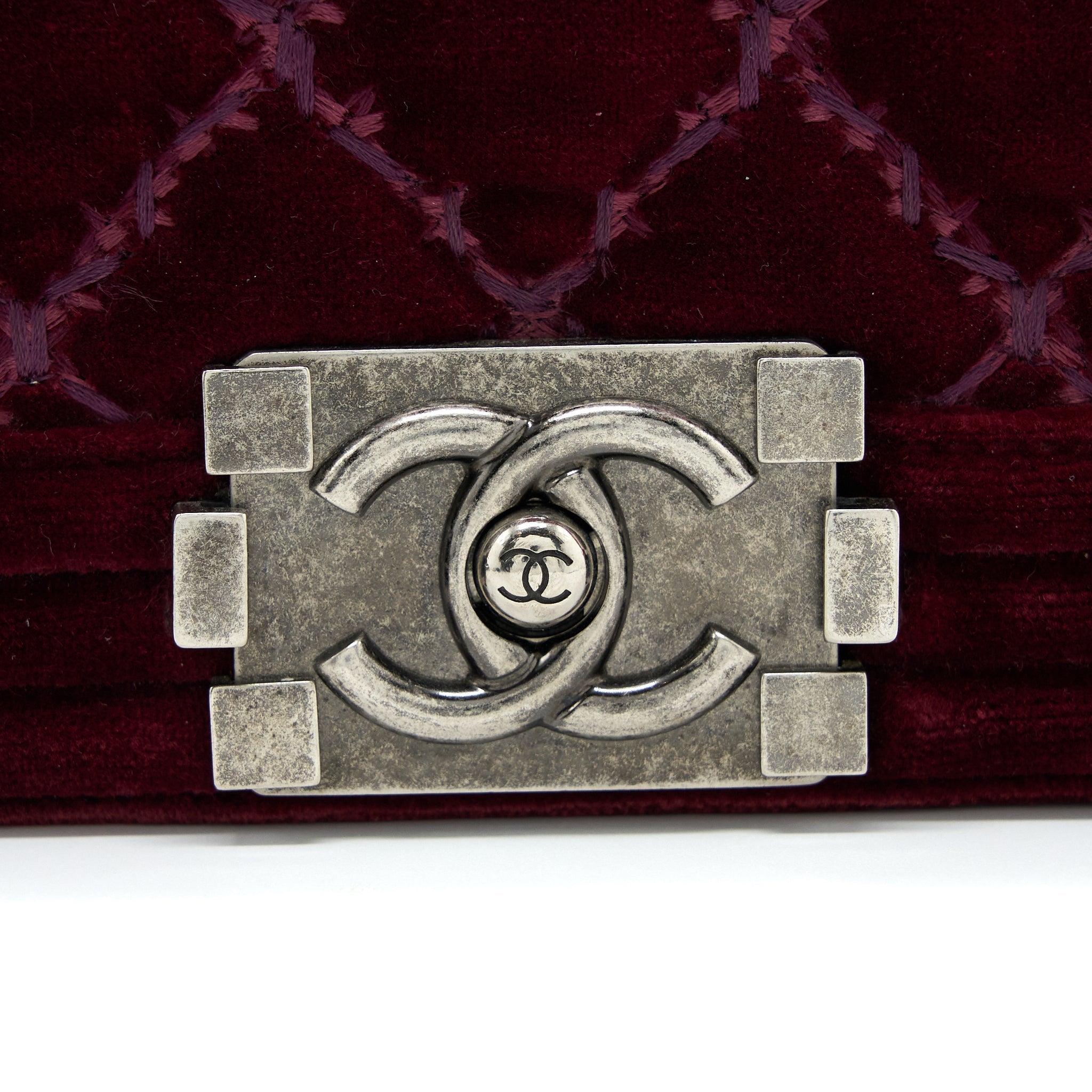 Chanel Medium Boy Bag Velvet Dark Red Ruthenium