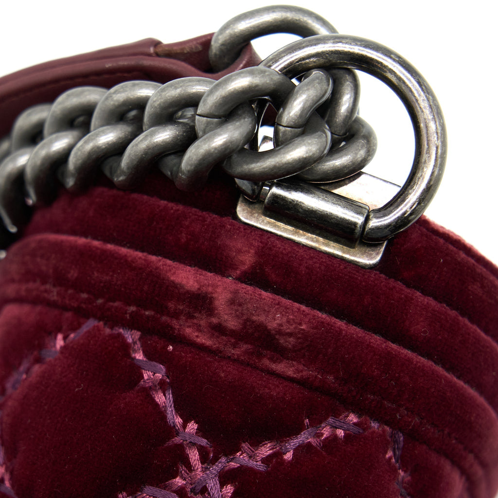 Chanel Medium Boy Bag Velvet Dark Red Ruthenium