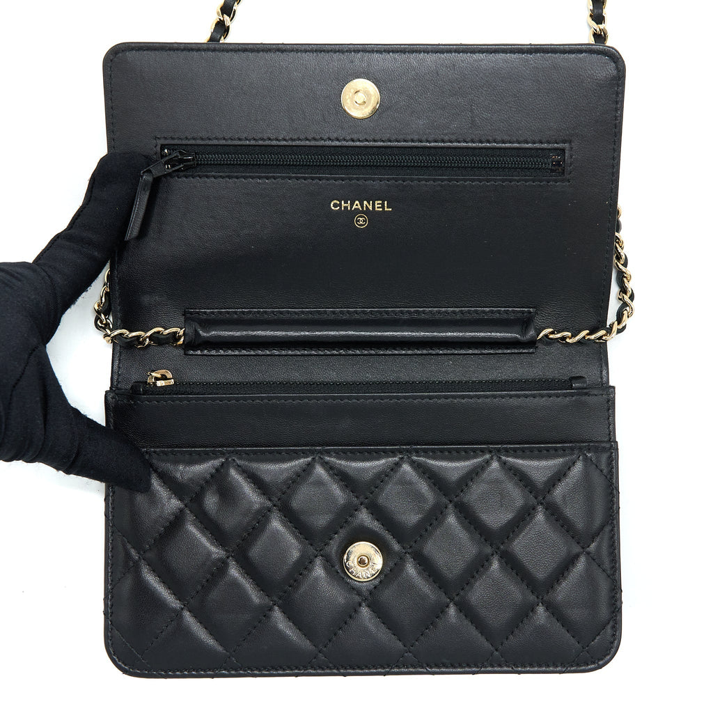 Chanel Quilted Wallet on Chain with Camellia Chain Lambskin Black L