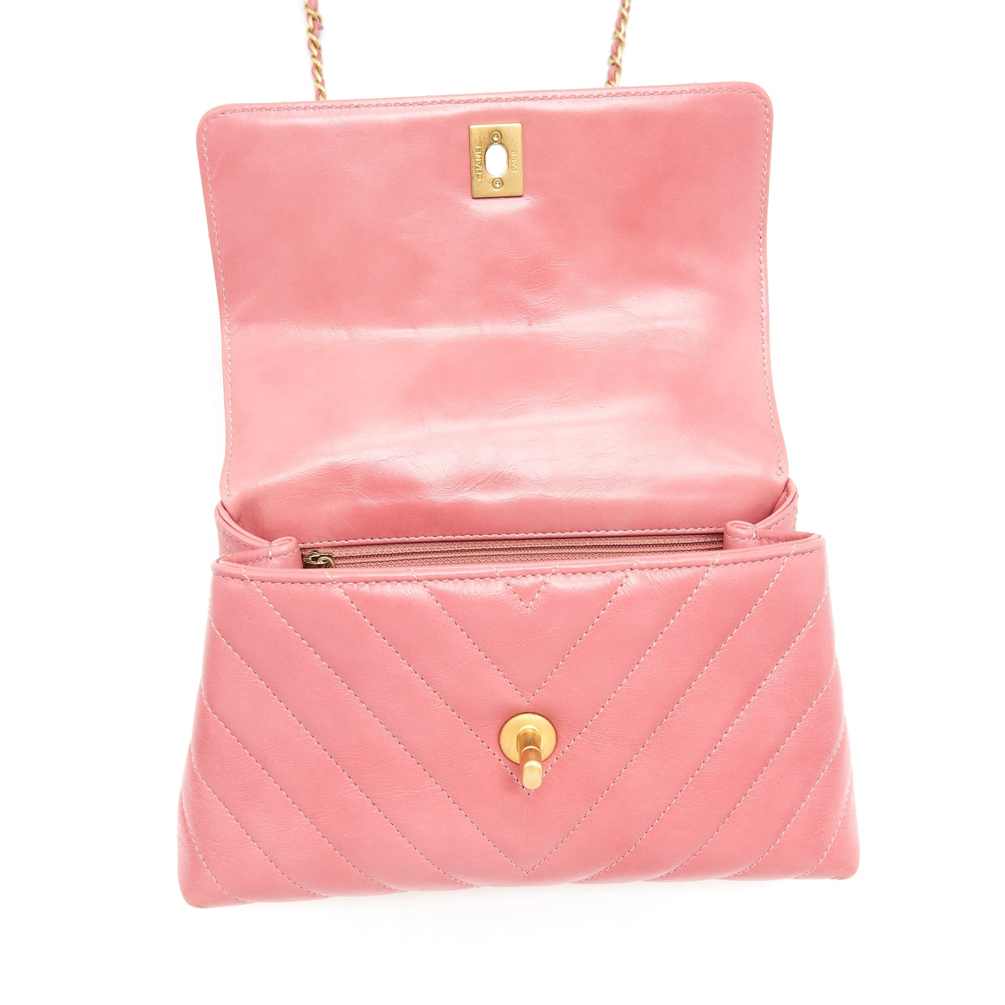 Chanel Small Coco Handle Chevron Calfskin With Lizard Handle Pink
