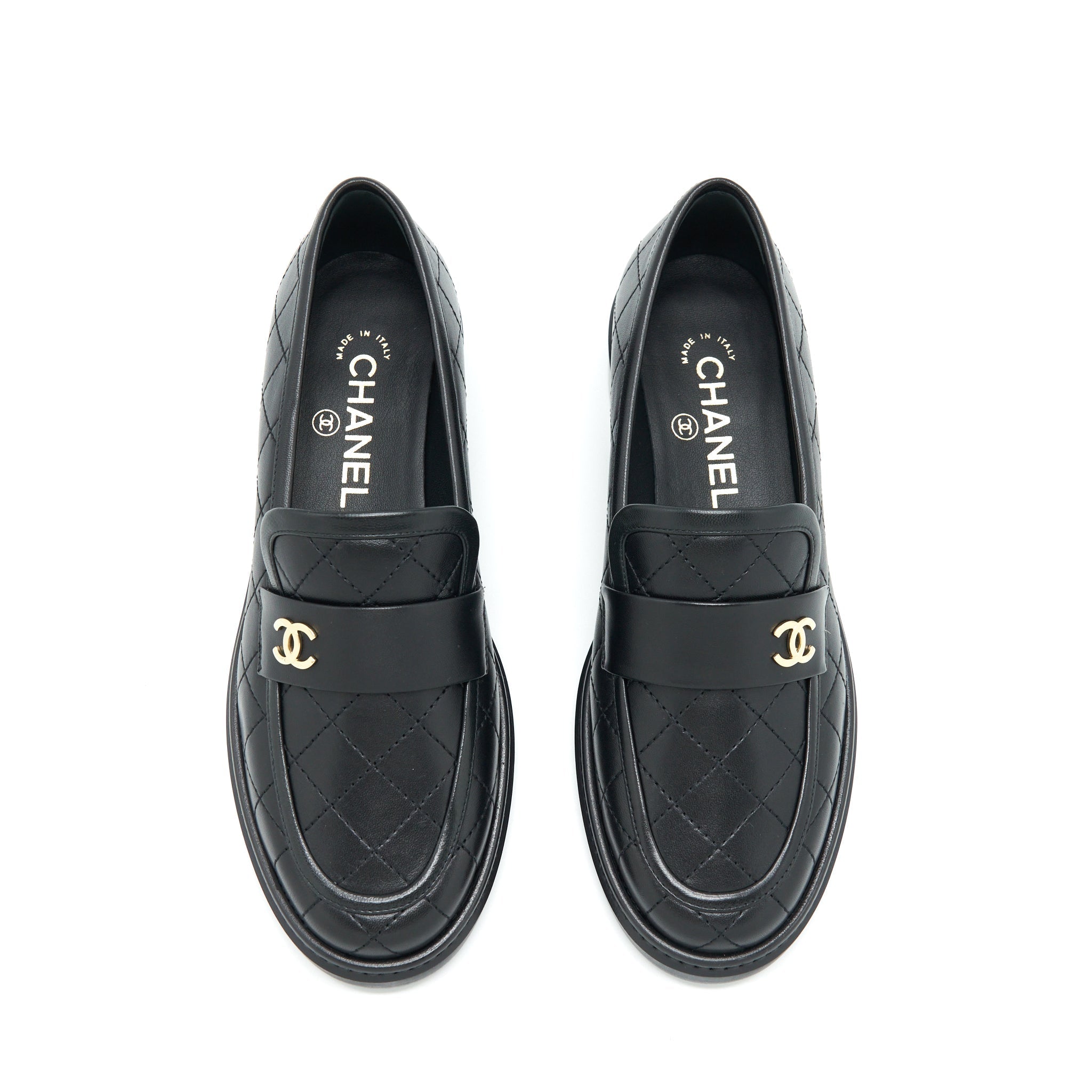 Chanel Size 37 Quilted Leather With CC Logo Loafer Black L