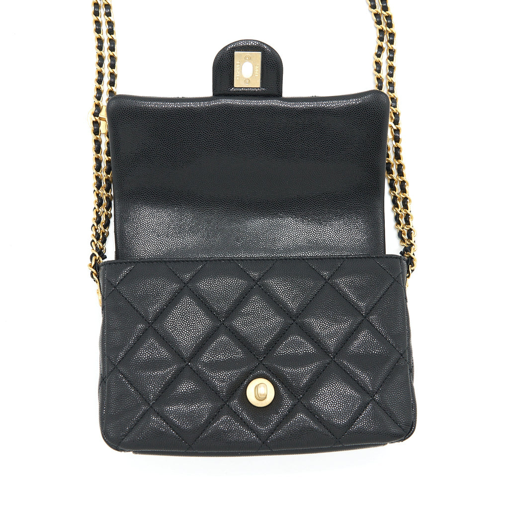 Chanel 22A Small Flap Bag With Button On Chains Caviar Black Brushed