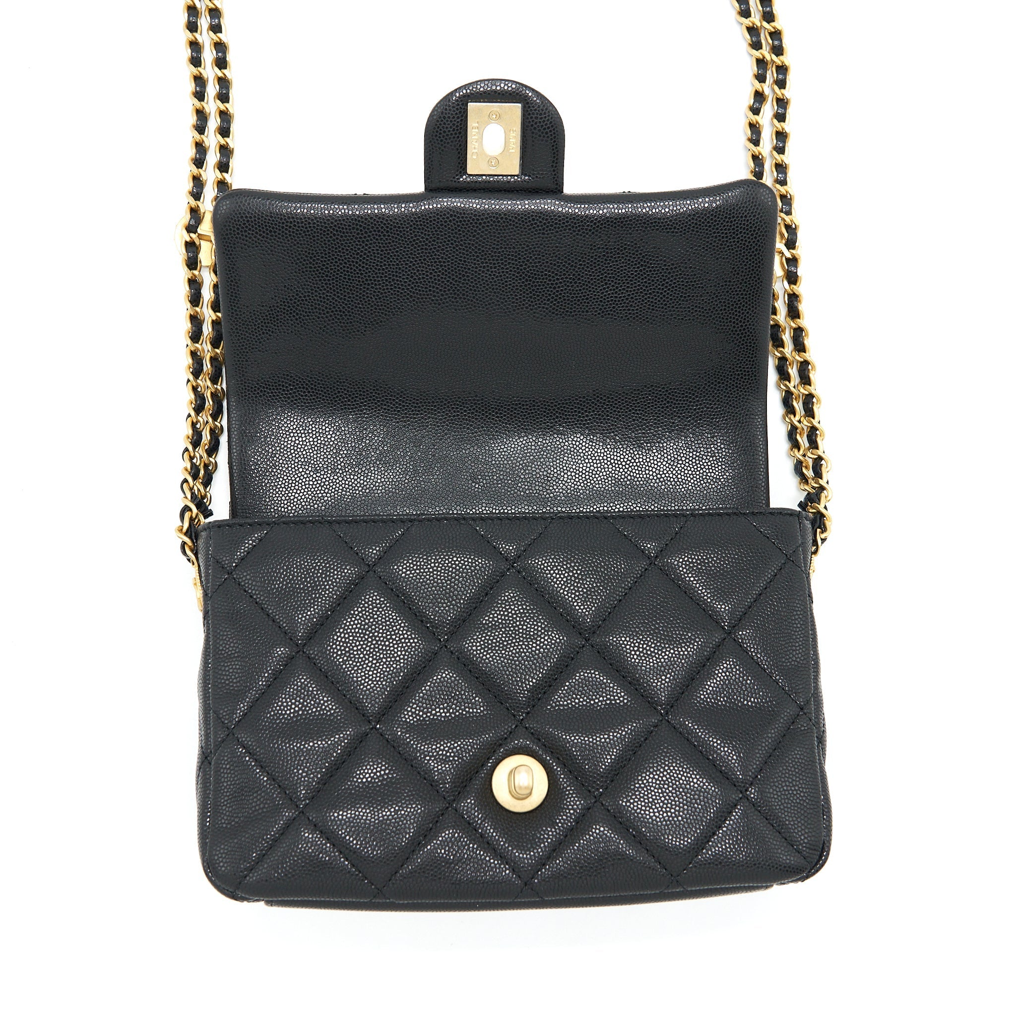 Chanel 22A Small Flap Bag With Button On Chains Caviar Black Brushed