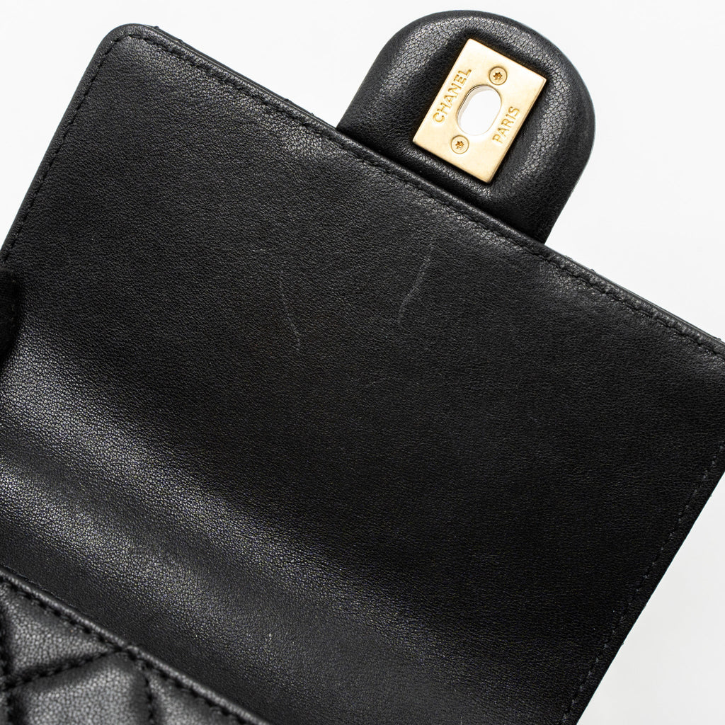 Chanel Square Pearl Flap Bag Lambskin Black Brushed