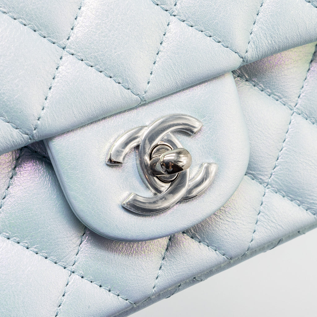Chanel 21K mini rectangular flap bag calfskin iridescent light blue  (microchip)