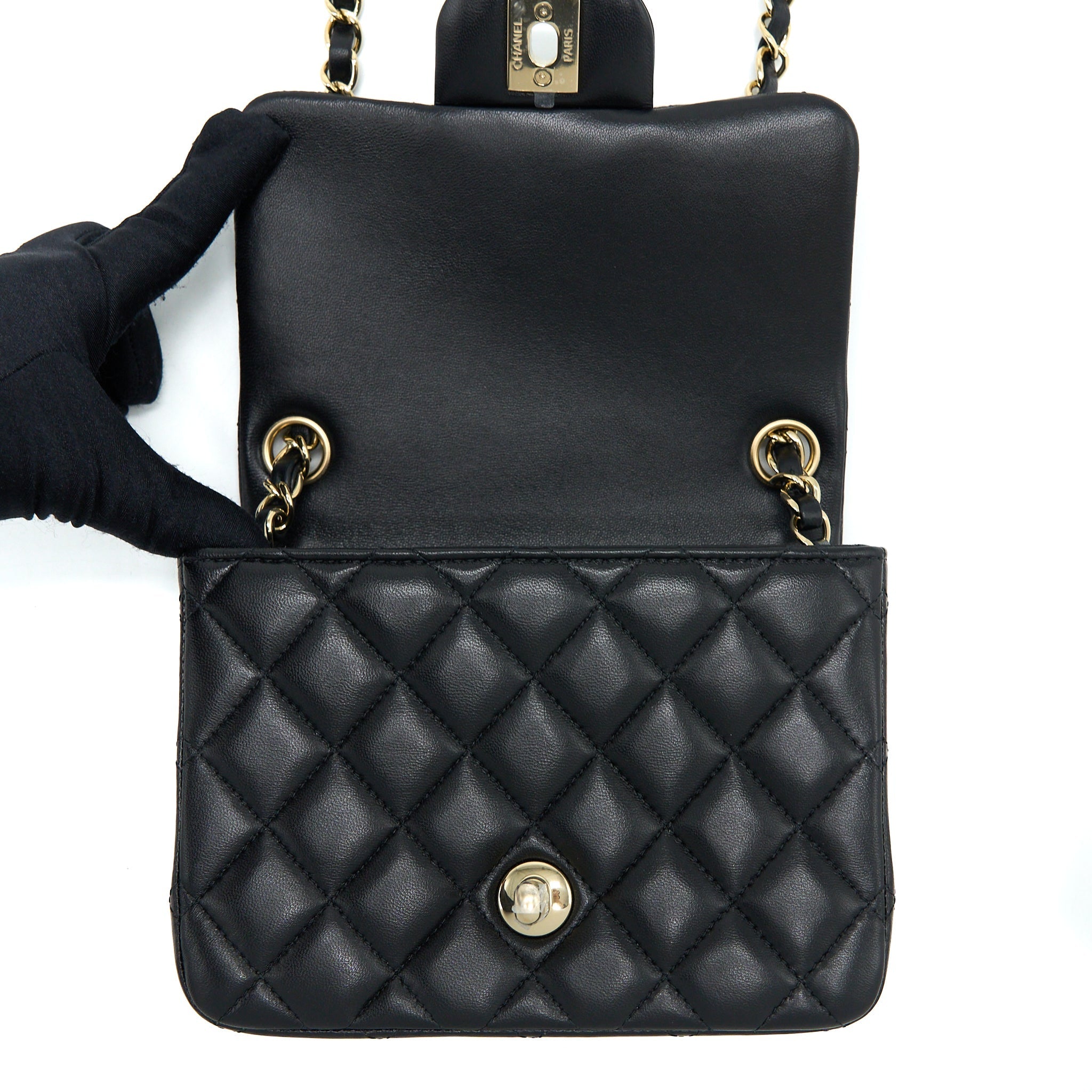 Chanel Classic Mini Square Flap Bag Lambskin Black L (Microchip)