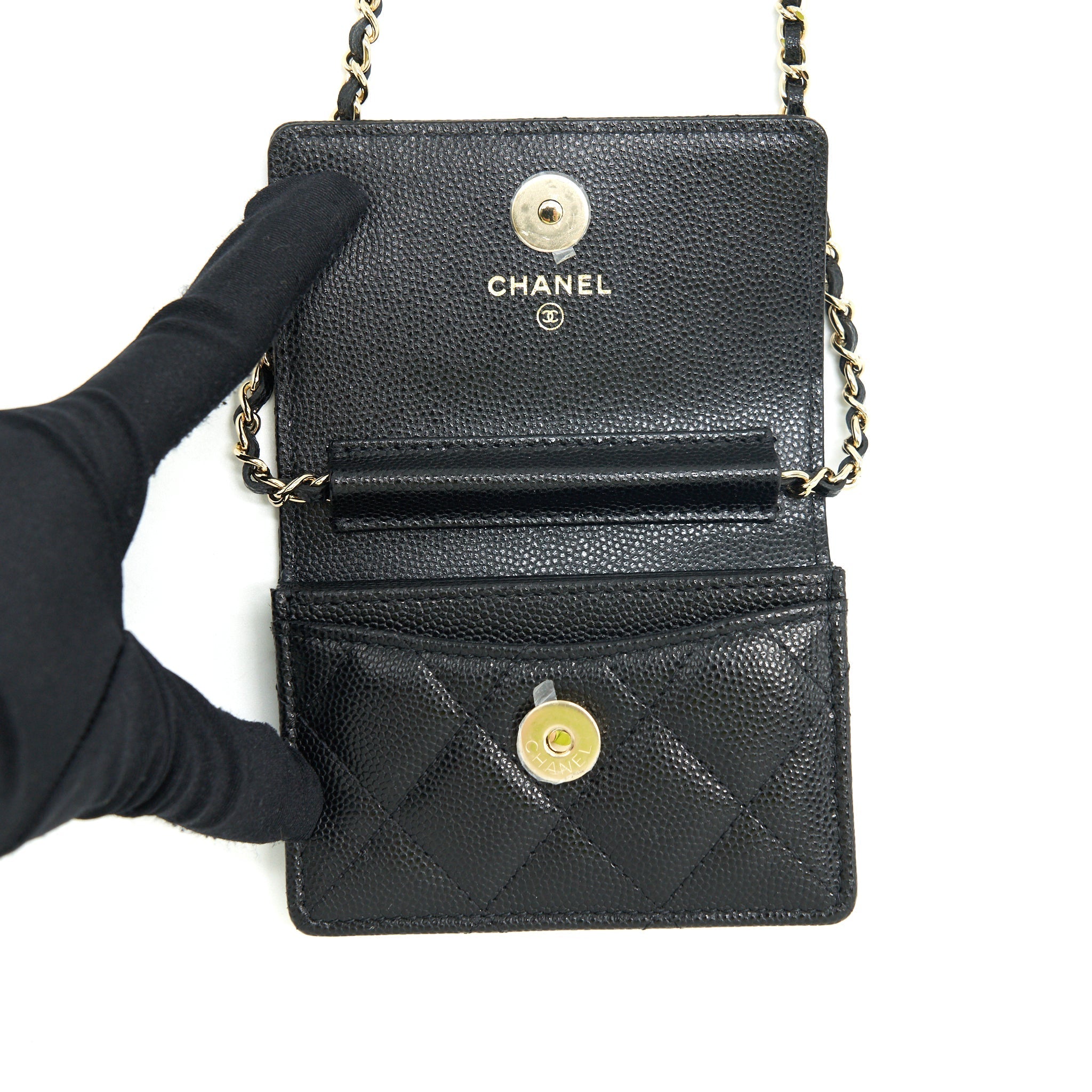 Chanel 21k Caviar mini flap cardholder with chain black L