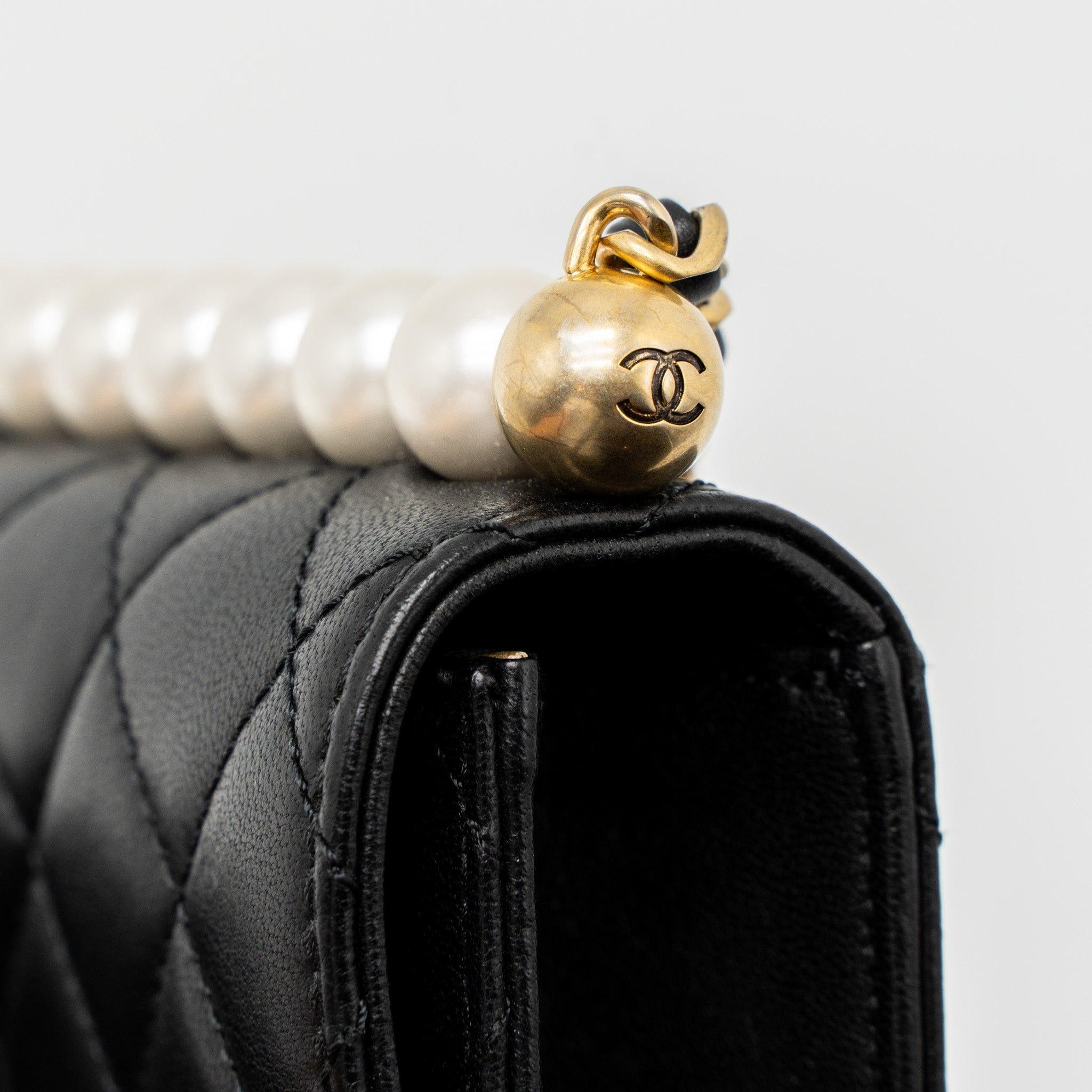 Chanel Square Pearl Flap Bag Lambskin Black Brushed