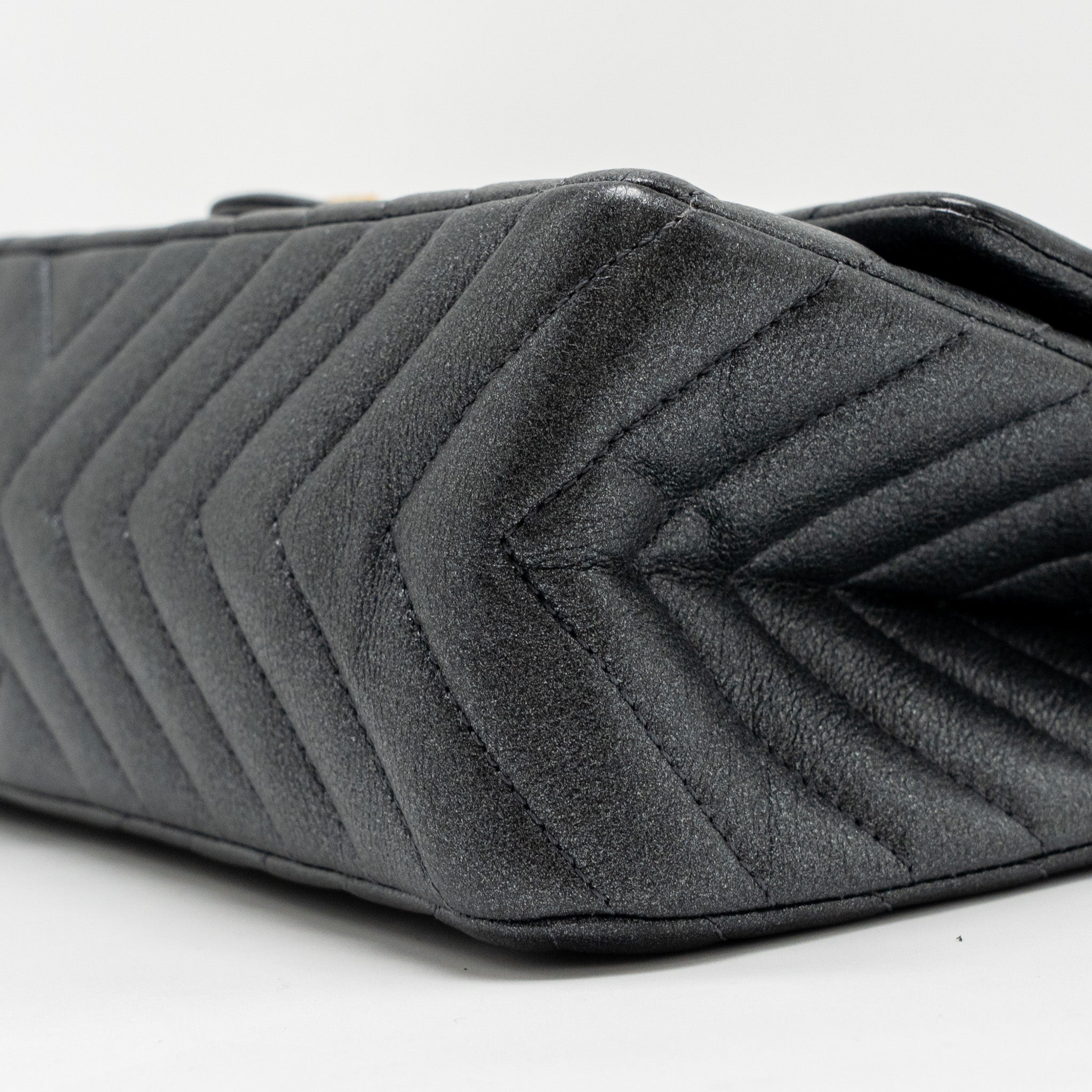 Chanel Large 2.55 226 Reissue Double Flap Bag Chevron Metallic Calfskin Charcoal