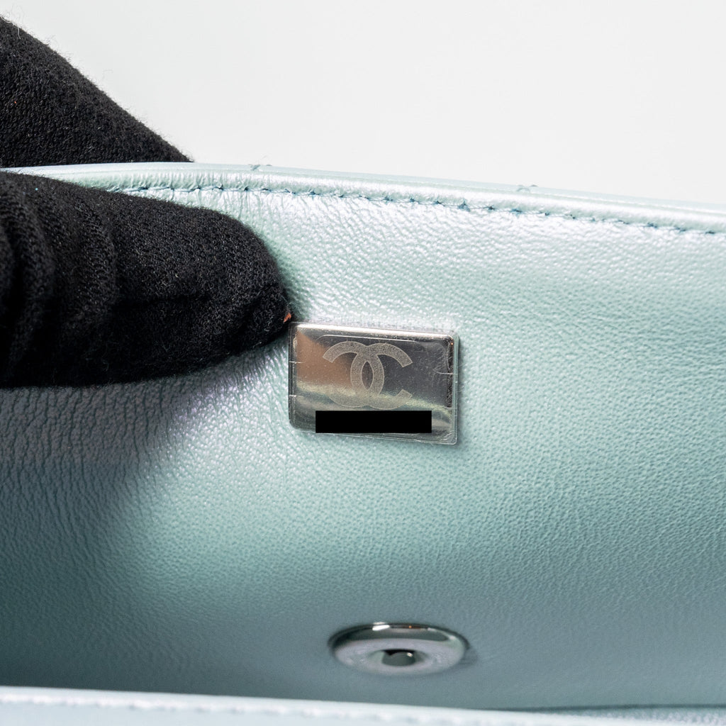 Chanel 21K mini rectangular flap bag calfskin iridescent light blue  (microchip)