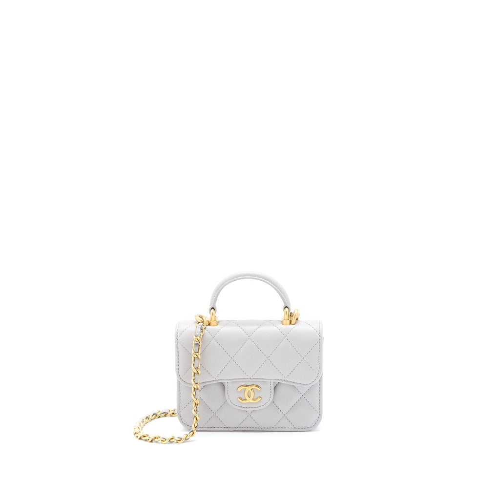 Chanel Mini Top Handle Flap Bag Lambskin Light Grey Brushed