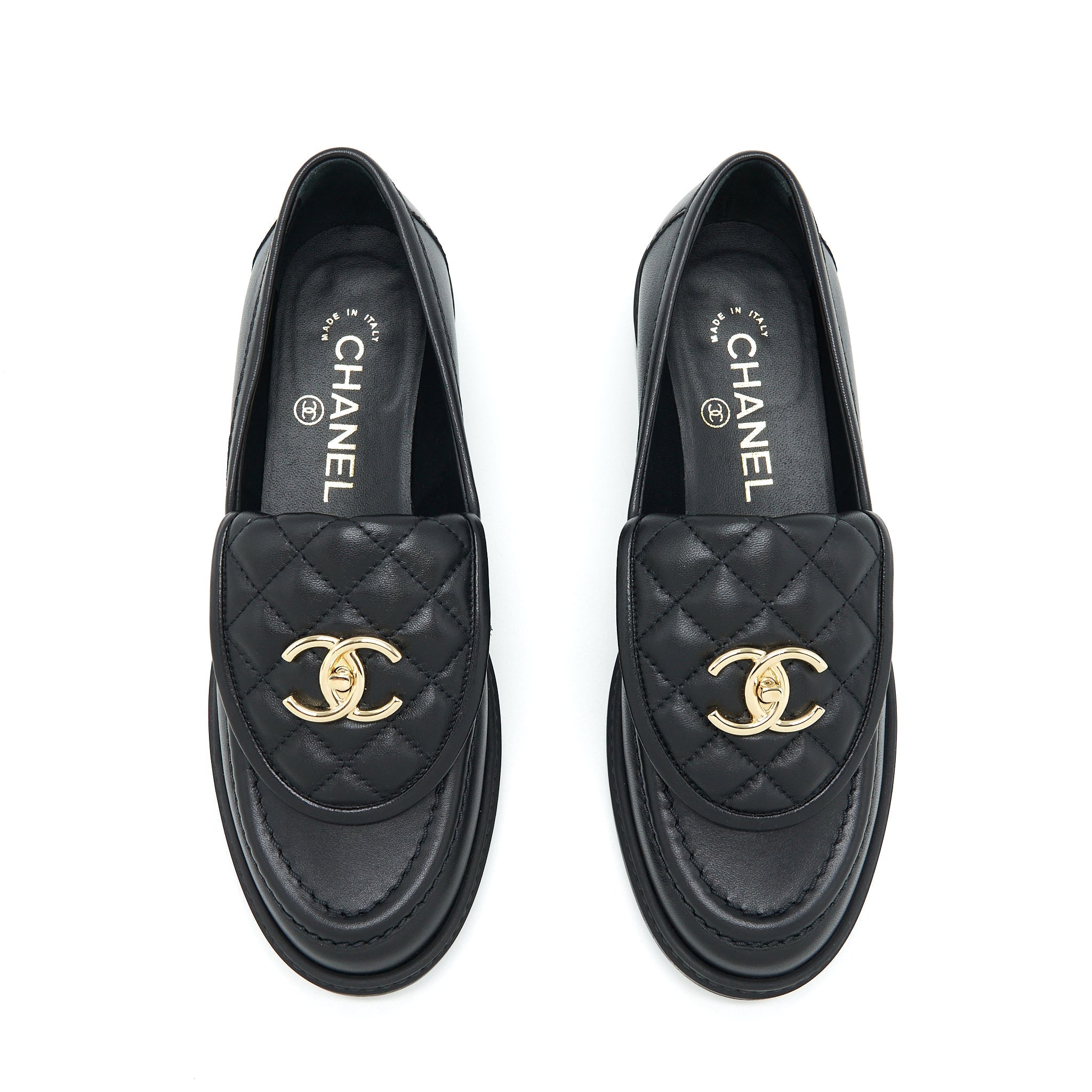 Chanel Size 37 22S Quilted CC Logo Loafer Black L