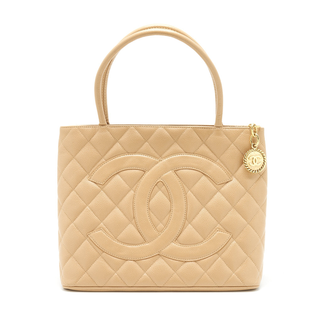 Chanel Vintage Medallion Tote Bag Caviar Beige