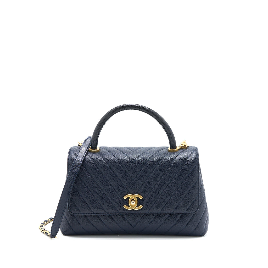 Chanel Medium Chevron Coco Handle Bag Caviar with Lizard Handle Navy Brushed