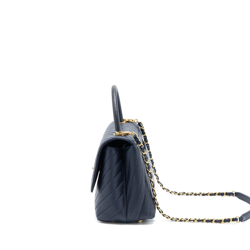 Chanel Medium Chevron Coco Handle Bag Caviar with Lizard Handle Navy Brushed