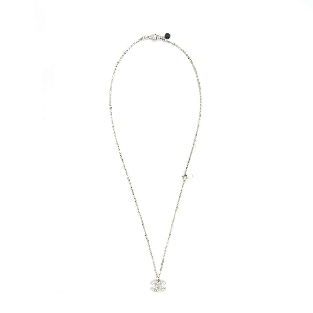 Chanel CC Logo Crystal Necklace Silver Tone