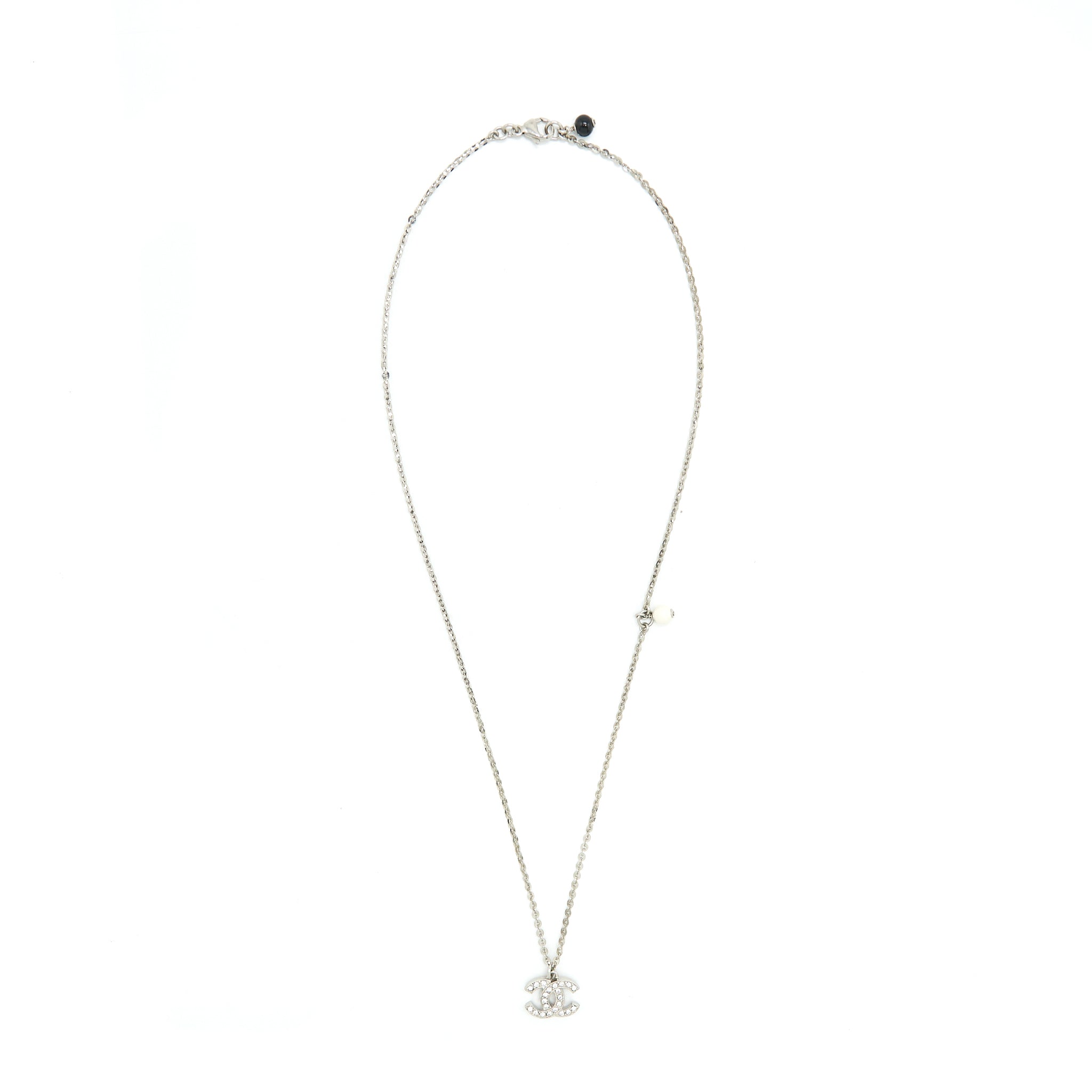 Chanel CC Logo Crystal Necklace Silver Tone
