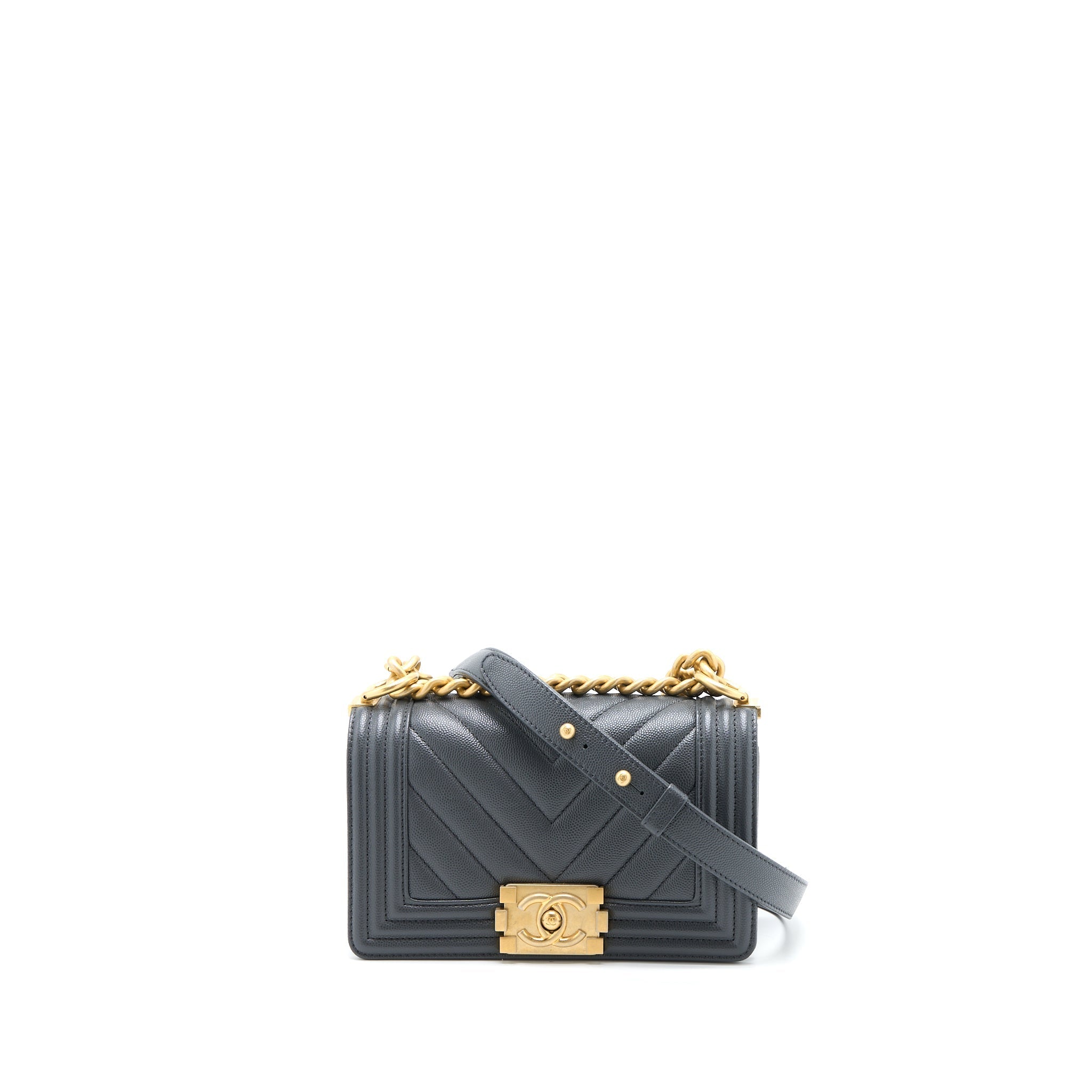 Chanel Small Boy Bag Chevron Caviar Dark Grey Brushed  (Microchip)