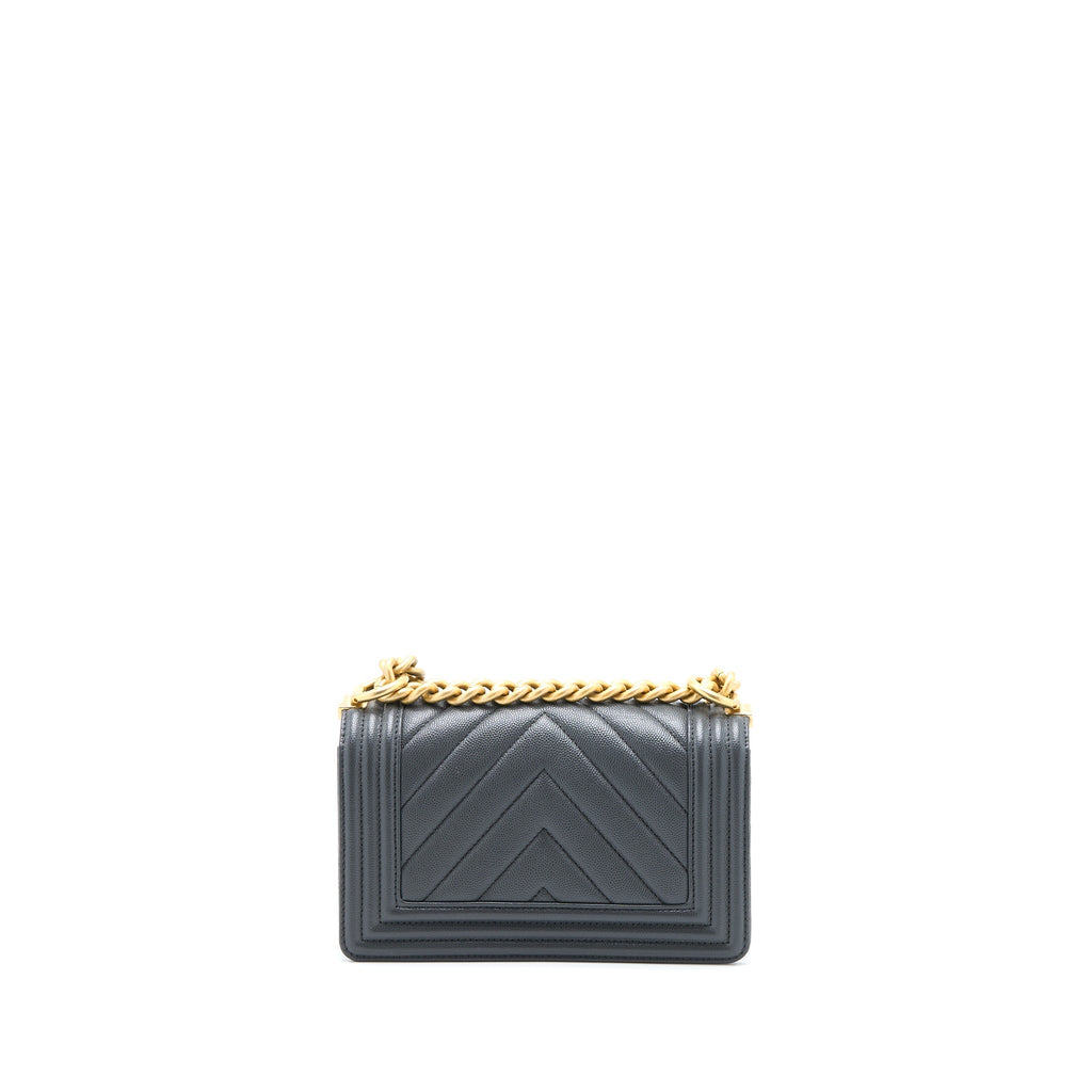 Chanel Small Boy Bag Chevron Caviar Dark Grey Brushed  (Microchip)