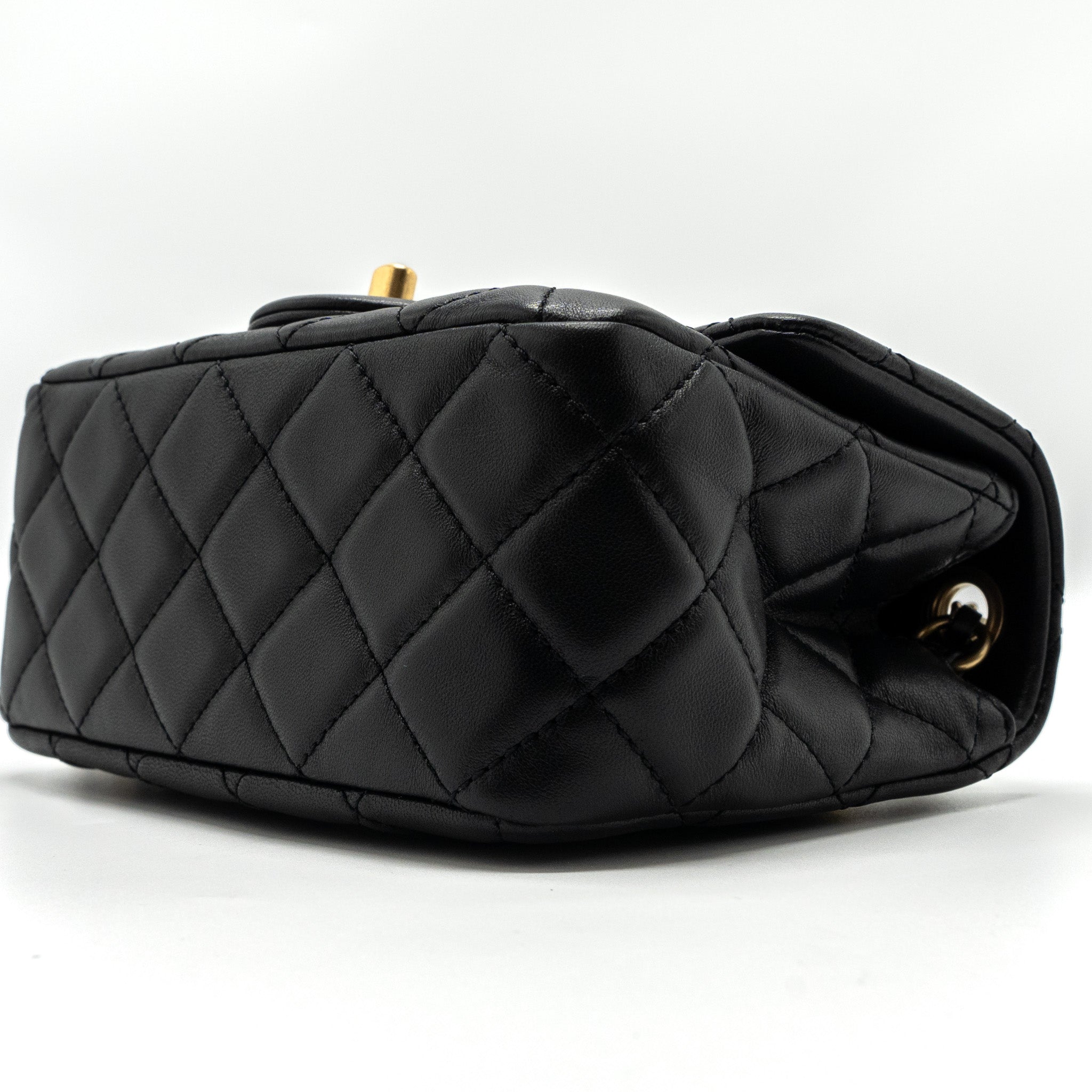 Chanel Pearl Crush Mini  Square Flap Bag Lambskin Black  (microchip)
