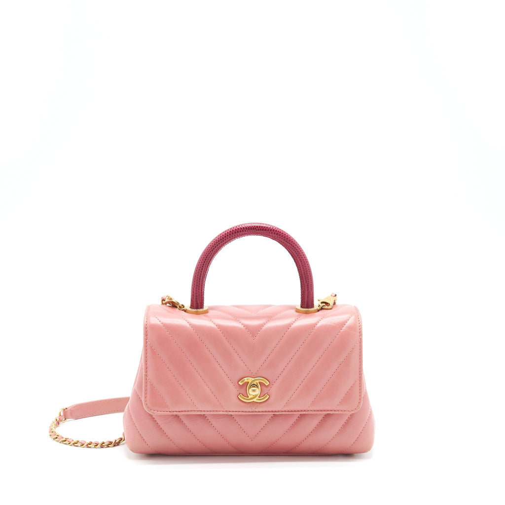 Chanel Small Coco Handle Chevron Calfskin With Lizard Handle Pink