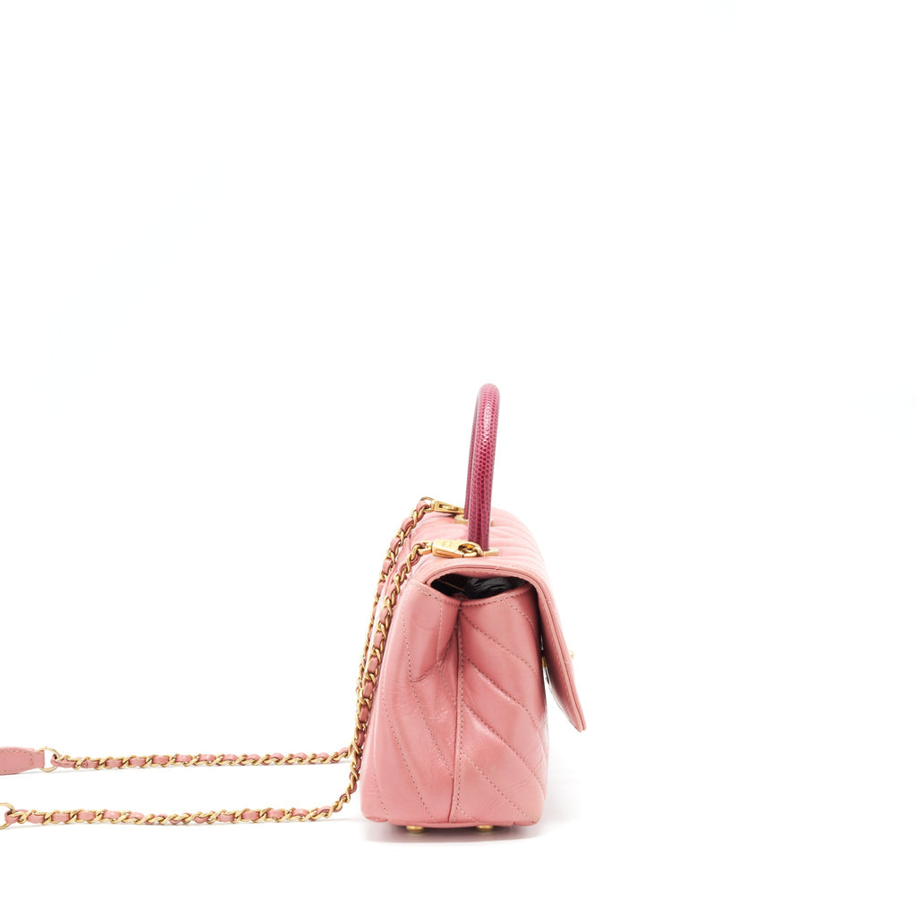 Chanel Small Coco Handle Chevron Calfskin With Lizard Handle Pink